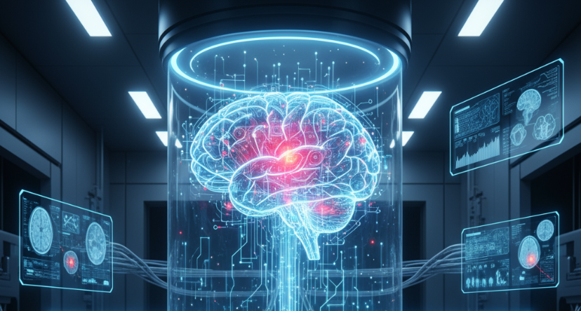 An AI brain analyzing X-rays or MRI scans, with highlighted regions showing “detected” tumors or anomalies.