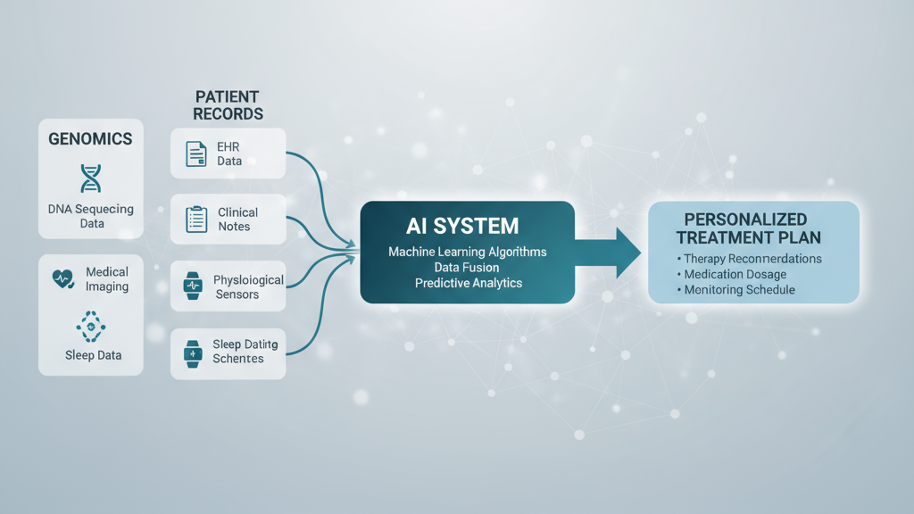 Flowchart illustrating multi-modal data (genomics, patient records, wearables) feeding into an AI, which outputs a personalized treatment plan.
