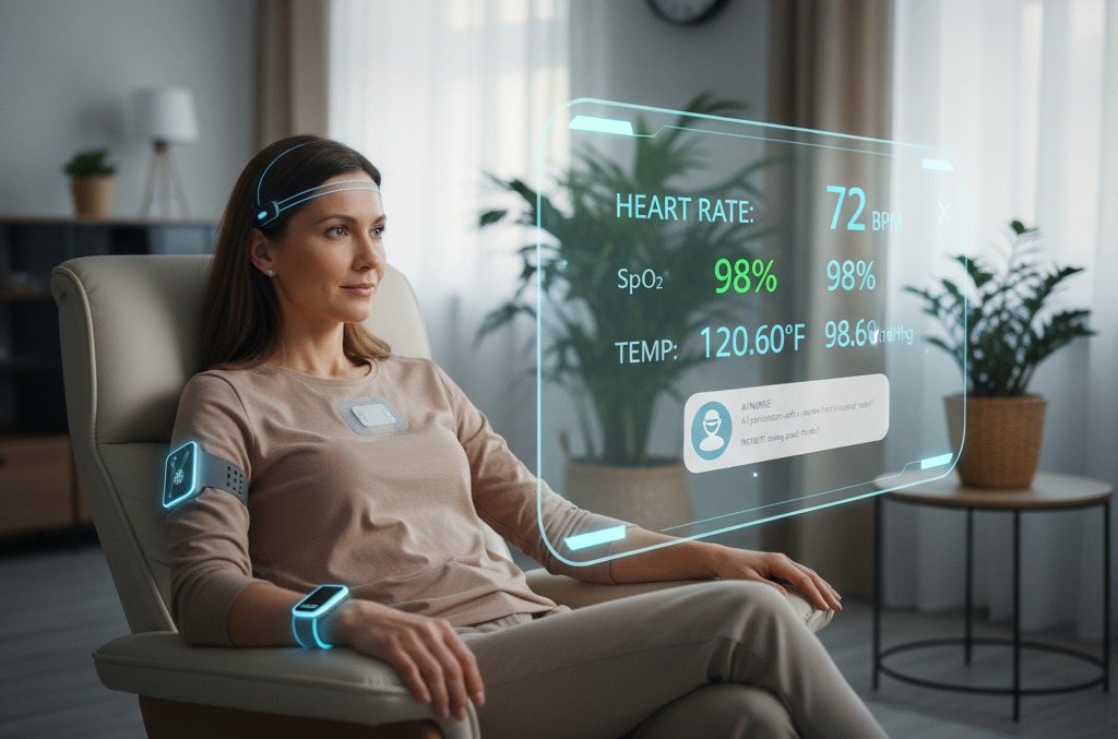 Patient at home with wearable devices, AI dashboard summarizing real-time vitals, and a chatbot assistant on-screen.