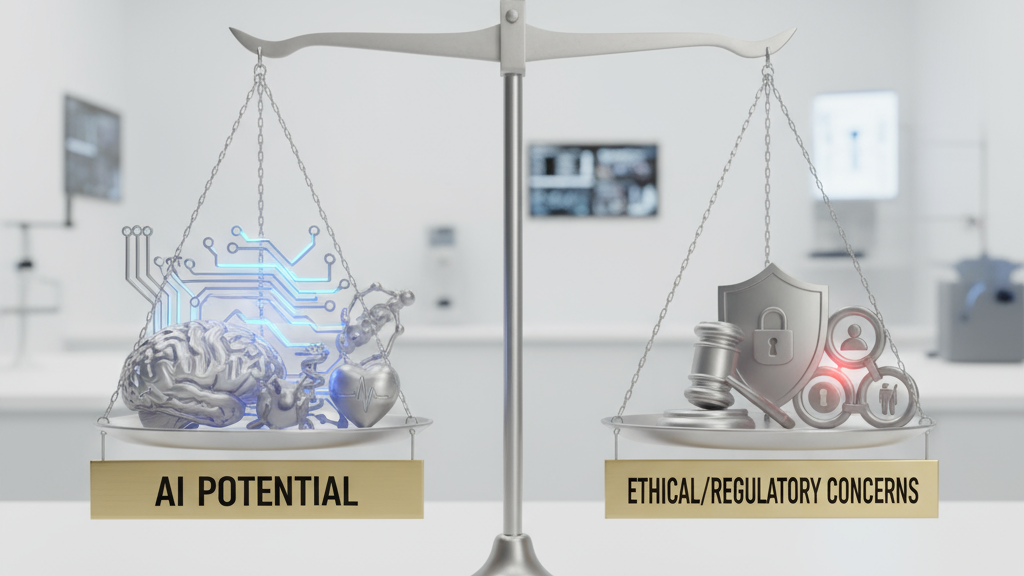 A balanced scale showing “AI Potential” vs. “Ethical/Regulatory Concerns” in medicine.
