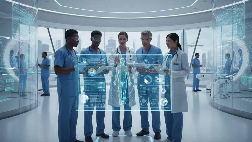 A diverse group of healthcare professionals collaborating with an AI interface in a hospital of the future.